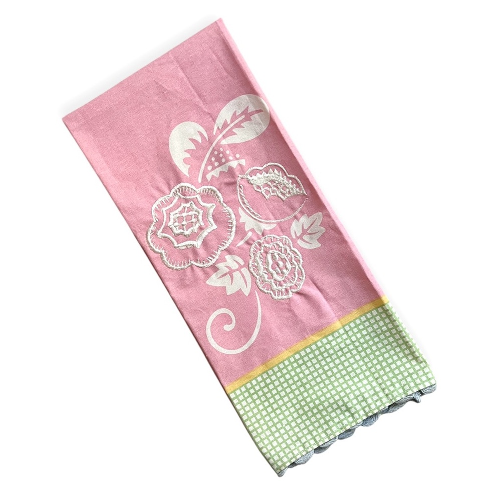NWOT Vintage Mary Engelbreit Pink and Green Floral Embroidered Dish Towel
